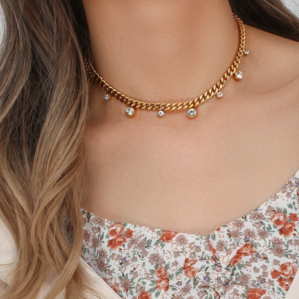 Chunky Cuban Chain Choker Necklace Zircon Charms 18K Gold Plating - Picture 3 of 9